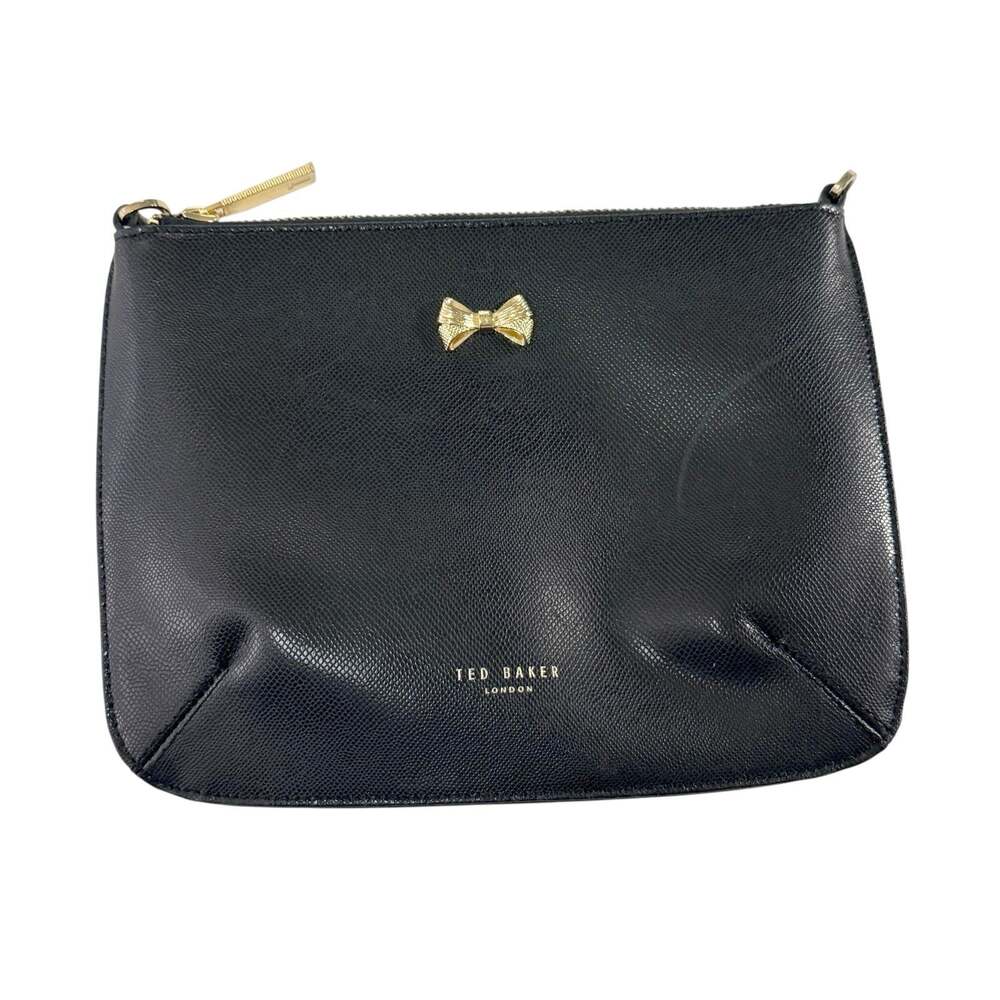 Ted Baker Black Bovine Leather Small Clutch Bag Bow Detail Zip Top *no strap